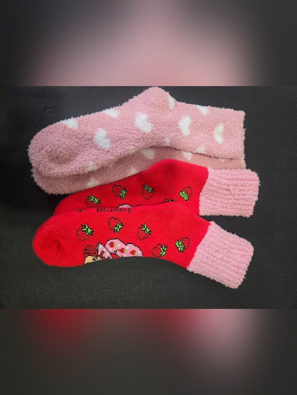 Girls Pink & Red Fuzzy Heart and Strawberry Socks - Kids Accessories